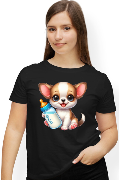 StoryGift Romania Tricou Femei cu un catelus care tine un biberon cu lapte, ilustratie, grija, par BLK_XS