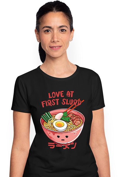 StoryGift Romania Tricou Femei cu mesajul "Love at first slurp", ilustratie, mancare, supa, Japoni BLK_XL