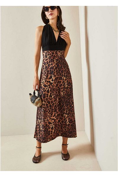 stilsepeti Women's Black Leopard Print Halter Midi Dress Tll-10001012