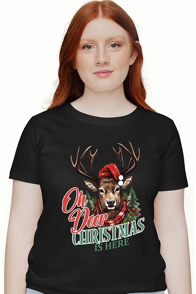 StoryGift Romania Tricou Femei cu un cerb cu mesajul "Oh, deer, Christmas is here", caciula, Craci BLK_XL