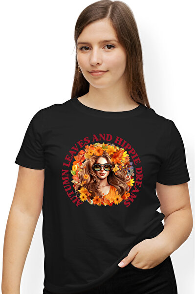 StoryGift Romania Tricou Femei cu o fata care are frunze si flori pe cap cu mesajul "Autumn leaves BLK_XS