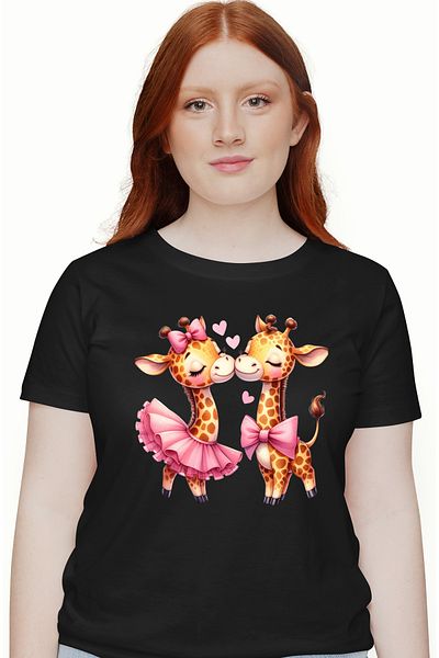 StoryGift Romania Tricou Femei cu 2 girafe care sunt intr-o relatie, ilustratie, prietenie, Valent BLK_S
