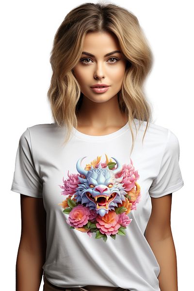 StoryGift Romania Tricou Femei cu un dragon chinezesc, ilustratie, anul dragonului, nou, floricele WHT_M