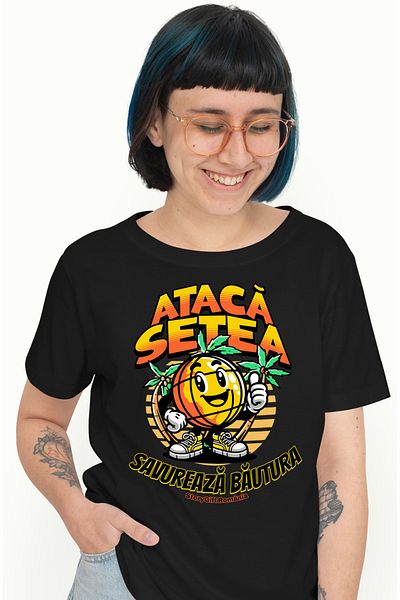 StoryGift Romania Women's T-Shirt Attack the thirst, enjoy the orange beach drink with print on the front, BLK_L