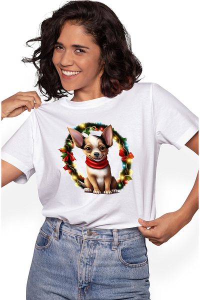 StoryGift Romania Tricou Femei cu un catel vesel, Craciun, fular, coroana, luminite, sarbatori ala WHT_XL