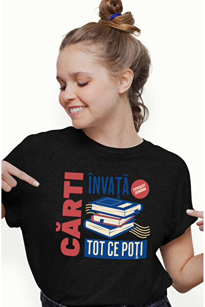 StoryGift Romania Tricou Femei invata tot carti educatie inteligenta cu imprimeu pe Fata, 100% Bum BLK_XL