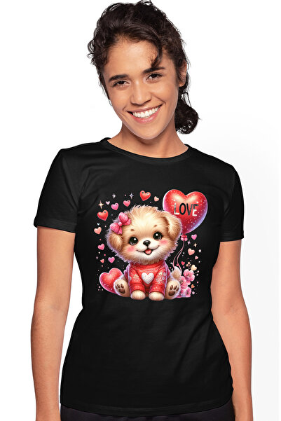 StoryGift Romania Tricou Femei cu un catelus foarte fericit, ilustratie, inimi, balon, flori, mesa BLK_L