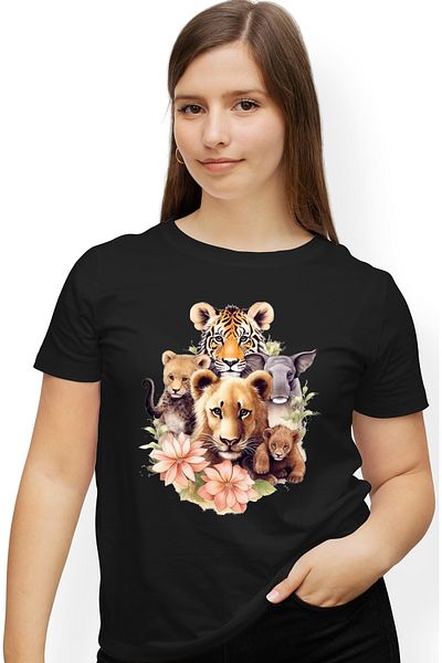 StoryGift Romania Women's T-shirt with wild animals, illustration, jungle, tigers, poppies, nature, BLK_M