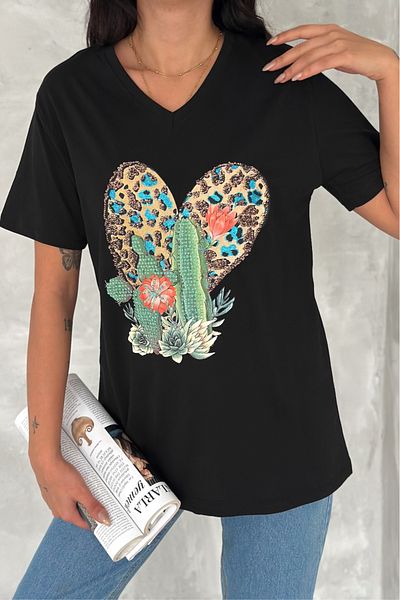 FEMELLE Women's Black V-Neck Large Size Cactus Sequin Sequin Embroidered 100% Cotton Large Size T-Shirt