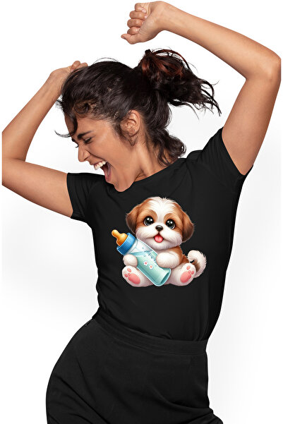 StoryGift Romania Tricou Femei cu un catelus blanos care tine un biberon cu lapte, ilustratie, hra BLK_S