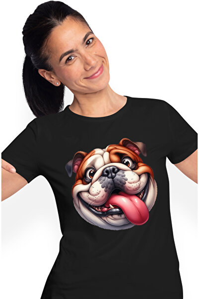 StoryGift Romania Tricou Femei cu un cap de caine, ilustratie, vesel, limba scoasa, isi asculta st BLK_XL