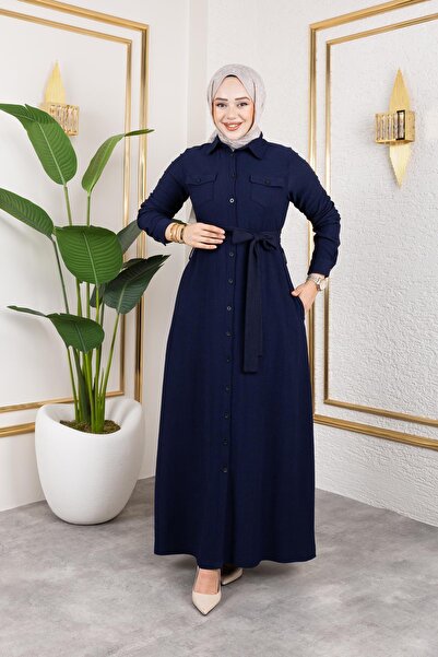 Moda Ebva Ön Düğmeli Gizli Cep Detaylı Elbise-5029 Lacivert