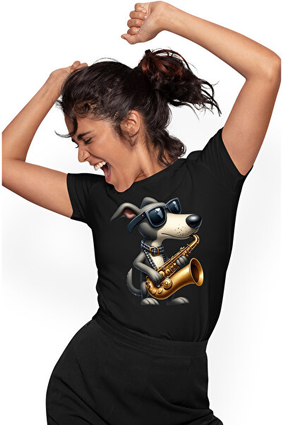 StoryGift Romania Tricou Femei cu un caine care canta la saxofon, ilustratie,...
