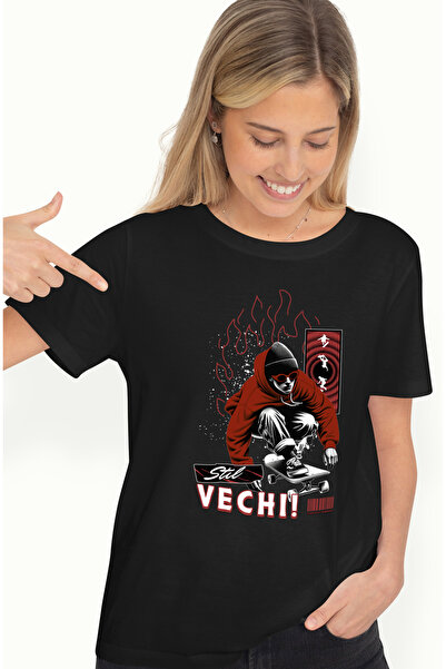 StoryGift Romania Tricou Femei Baiat gangster pe skateboard text stil vechi cu imprimeu pe Fata, 1 BLK_L