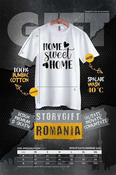 StoryGift Romania Tricou Femei cu inimioare si mesajul in engleza "Home, sweet home" - casa, dulce WHT_S