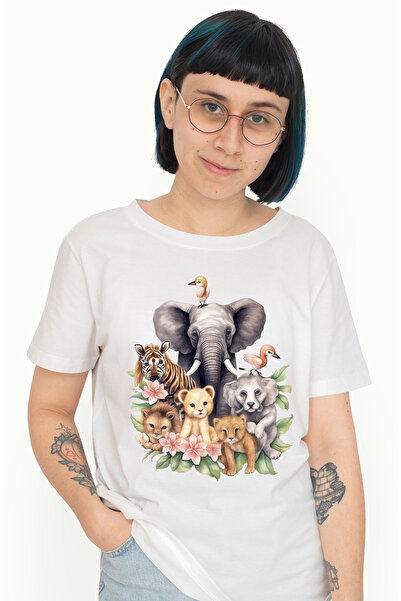 StoryGift Romania Tricou Femei cu animale salbatice in natura, ilustratie, pu...