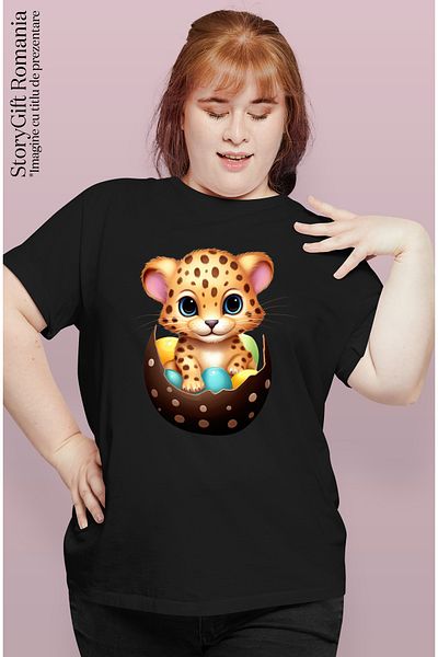 StoryGift Romania Women's T-shirt with a tiger cub coming out of a broken egg, illustration, size BLK_XL