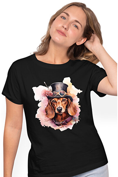 StoryGift Romania Tricou Femei cu un catel care are joben, ilustratie, floare...