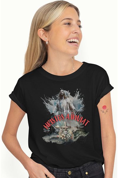 StoryGift Romania Tricou Femei hristos a înviat issus in cer paste sarbatori cu imprimeu pe Fata, BLK_L