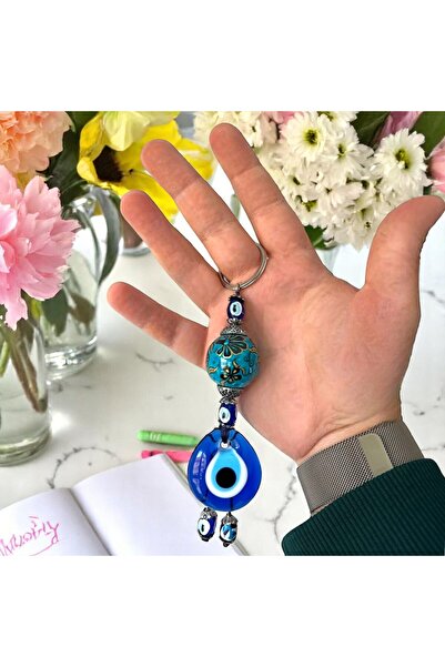 DDM GLOBAL أناقة فن البلاط: سلسلة مفاتيح مطرزة يدويًا بالعين الشريرة باللون الفيروزي