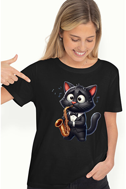 StoryGift Romania Tricou Femei cu o pisica neagra care canta la saxofon, ilus...