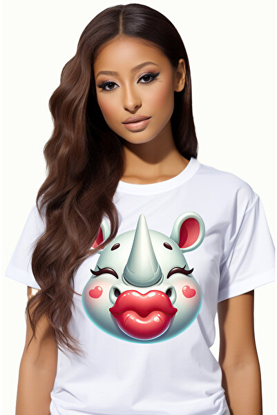 StoryGift Romania Tricou Femei cu o femela rinocer care da un pupic, ilustratie, afectiune, Valent WHT_XS