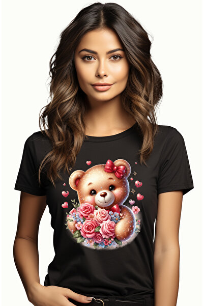 StoryGift Romania Tricou Femei cu un ursulet imbujorat care tine un buchet cu...