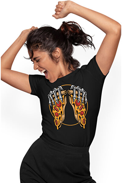 StoryGift Romania Tricou Femei Cu Felii De Pizza, Schelet, Maini, Cerc, Branza, Mancare, Fast Food BLK_XL
