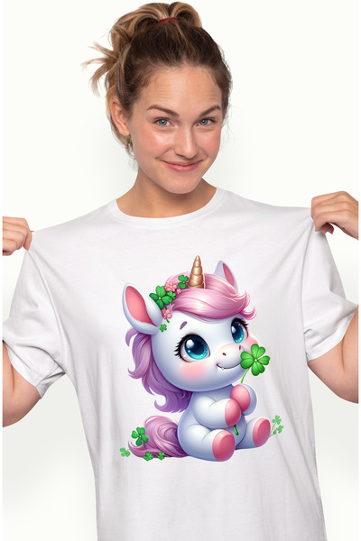 StoryGift Romania Tricou Femei cu un unicorn vesel, ilustratie, trifoi cu patru foi, noroc, Irland WHT_S