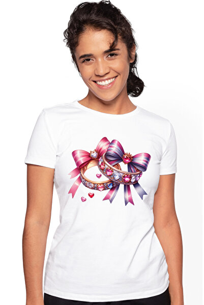 StoryGift Romania Tricou Femei cu 2 inele cu diamante, ilustratie, fundite, i...