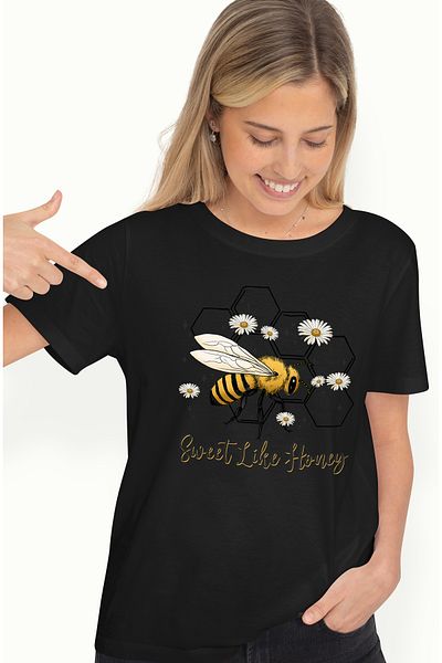 StoryGift Romania Tricou Femei cu albina si cu floricele albe cu mesajul "Sweet like honey", dulce BLK_XL