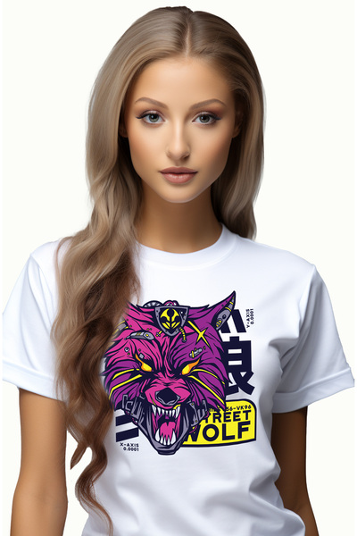 StoryGift Romania Tricou Femei Cu Mesaj Street Wolf, Lup, Robot, Mecha, Sci Fi, Colti, Multicolor WHT_S