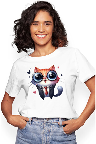 StoryGift Romania Tricou Femei cu o pisicuta la costum, ilustratie, ochelari,...