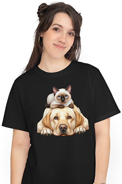 StoryGift Romania Tricou Femei cu o pisicuta si un catelus, ilustratie, priet...