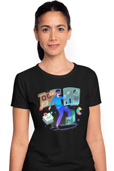 StoryGift Romania Tricou Femei Cu Ochelari VR, Moneda, Bani, Financiar, Grafic, Virtual, Multicolo BLK_M