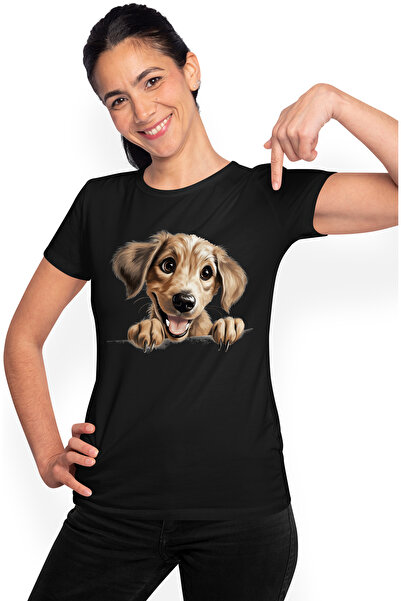 StoryGift Romania Tricou Femei cu o catelusa fericita, ilustratie, vrea sa se joace, energica, pen BLK_XS