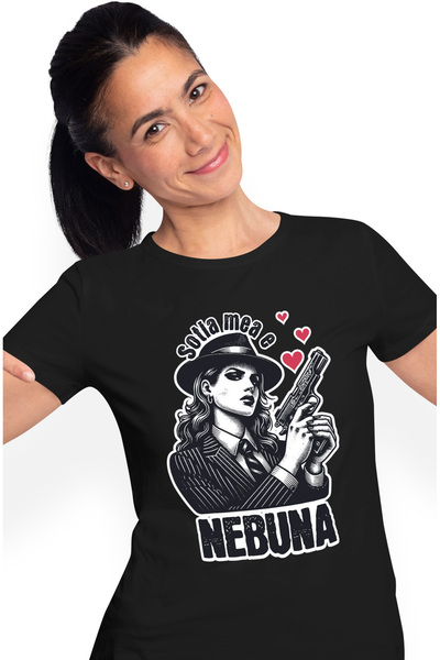 StoryGift Romania Tricou Femei femeie cu pistol puternica text haios Sotia mea este nebuna cu impr BLK_L