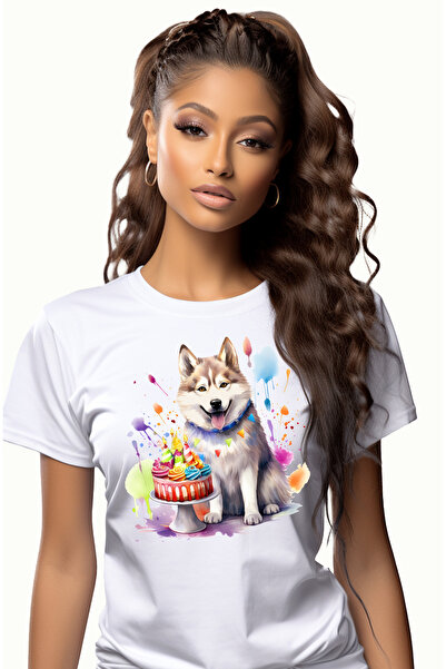 StoryGift Romania Tricou Femei cu un catel Husky vesel, ilustratie, aniversar...
