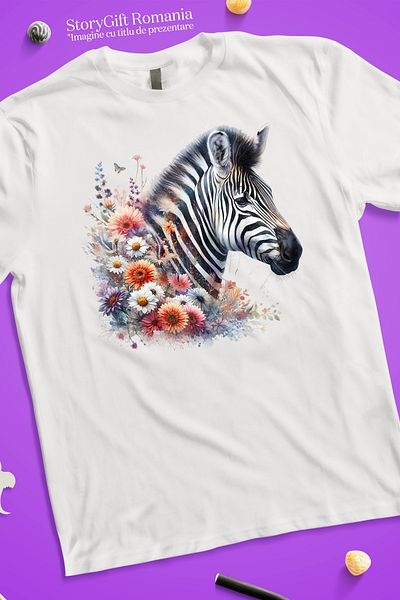 StoryGift Romania Women's T-shirt with a serious zebra, nature, illustration, flowers, plants, abstract, p WHT_L