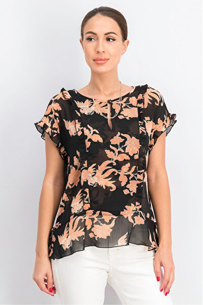 Scotch & Soda بلوزة نسائية مزينة بالورود بأكمام مكشكشة ورقبة دائرية، باللونين...