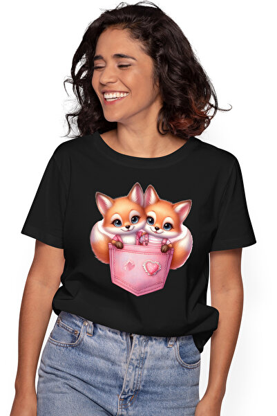 StoryGift Romania Tricou Femei cu 2 vulpite care stau intr-un buzunar, ilustr...