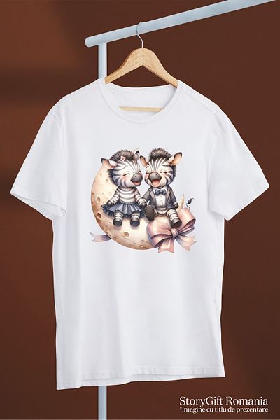 StoryGift Romania Women's T-shirt with 2 zebras standing on the crescent moon, illustration, bow, laughing, feeling happy WHT_XS