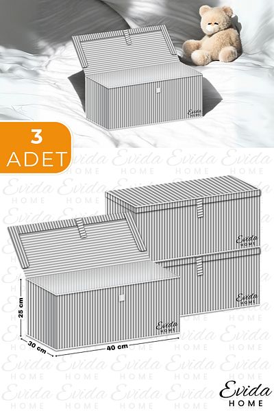 Evida 3Pcs Mini Multi-Purpose Storage Box, Toy Box, Organizer, Box Hurç Gray Striped Pattern 40X30X25