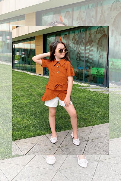 Riccotarz Girl's Waist Tied Button Detailed Tile Tunic with Ruffled Skirt