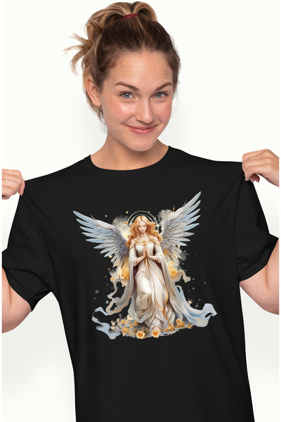 StoryGift Romania Tricou Femei cu o femeie cu aripi de inger, ilustratie, flo...