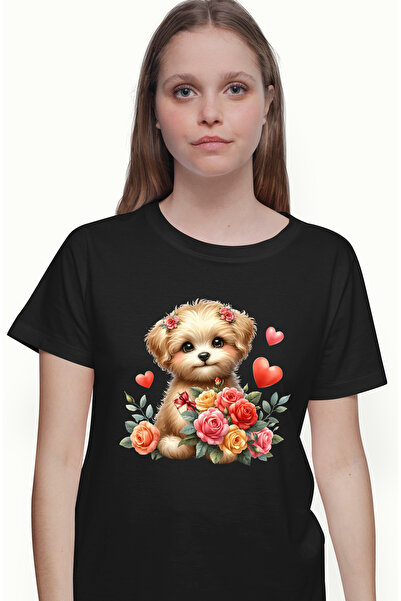 StoryGift Romania Tricou Femei cu un catelus care tine un buchet cu trandafiri, ilustratie, inimio BLK_M