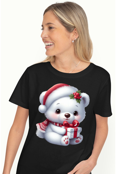 StoryGift Romania Tricou Femei cu un ursulet polar care tine un cadou in brat...
