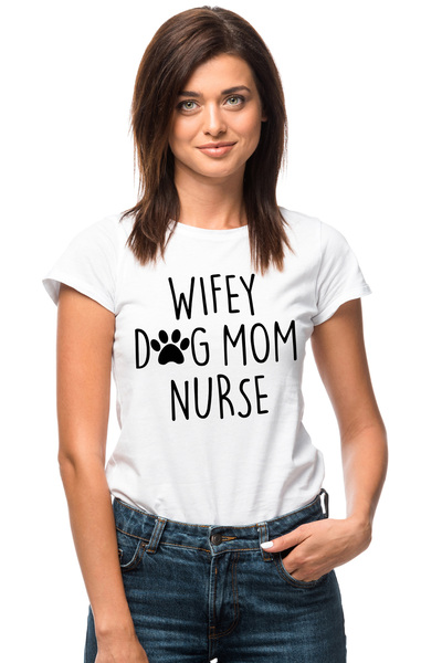 StoryGift Romania Tricou Femei cu textul in engleza "Wifey, dog mom, nurse" -...