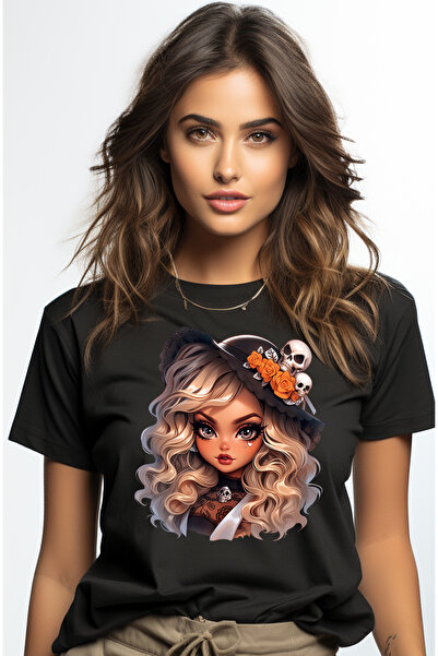 StoryGift Romania Tricou Femei cu o fata draguta cu palarie si cranii, ilustr...