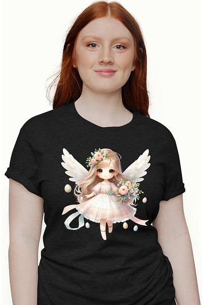 StoryGift Romania Tricou Femei cu o fetita cu aripi de ingeras, ilustratie, floricele, buchet, oua BLK_L